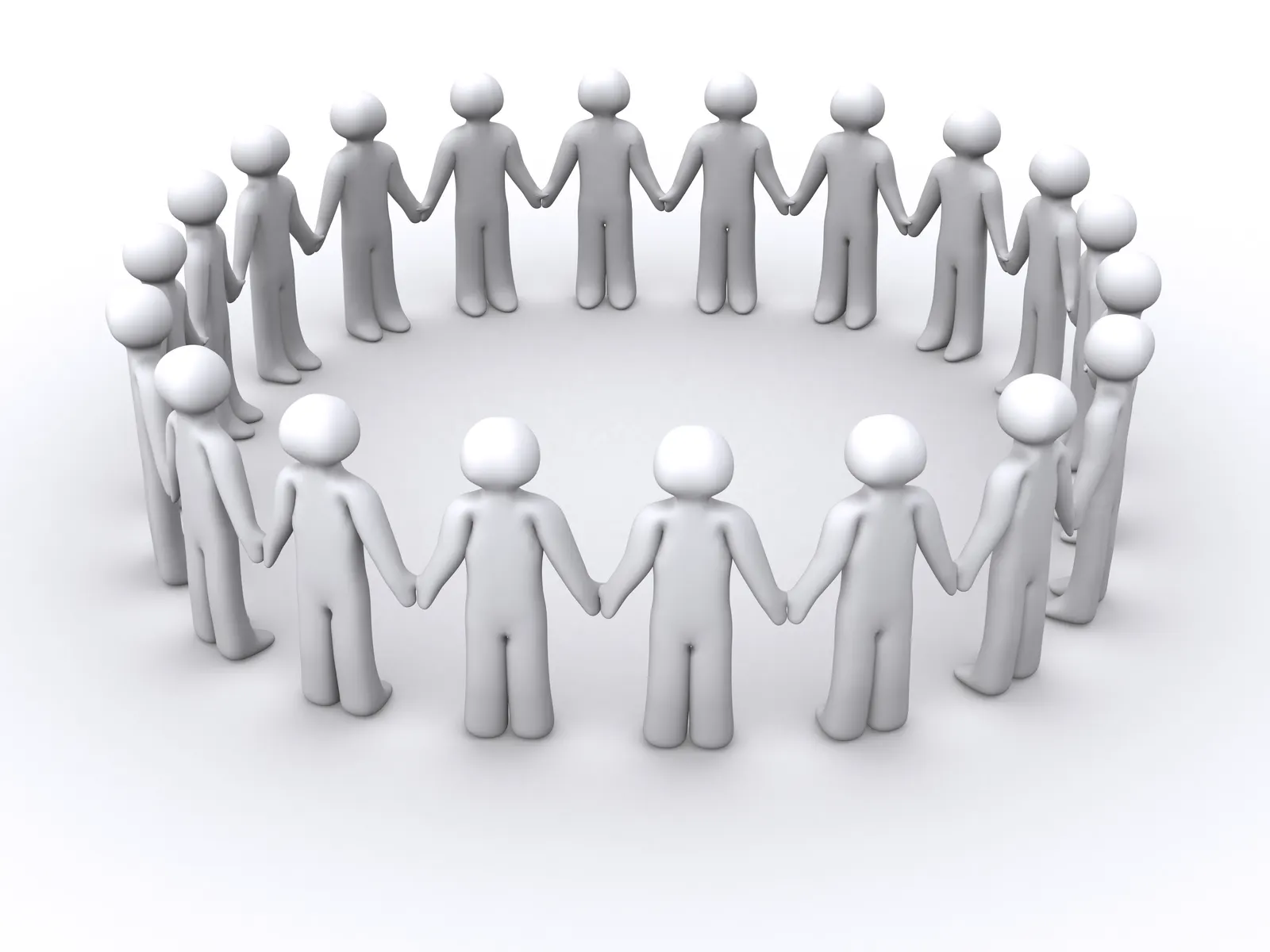 Circle of white 3D human figures holding hands on a white background