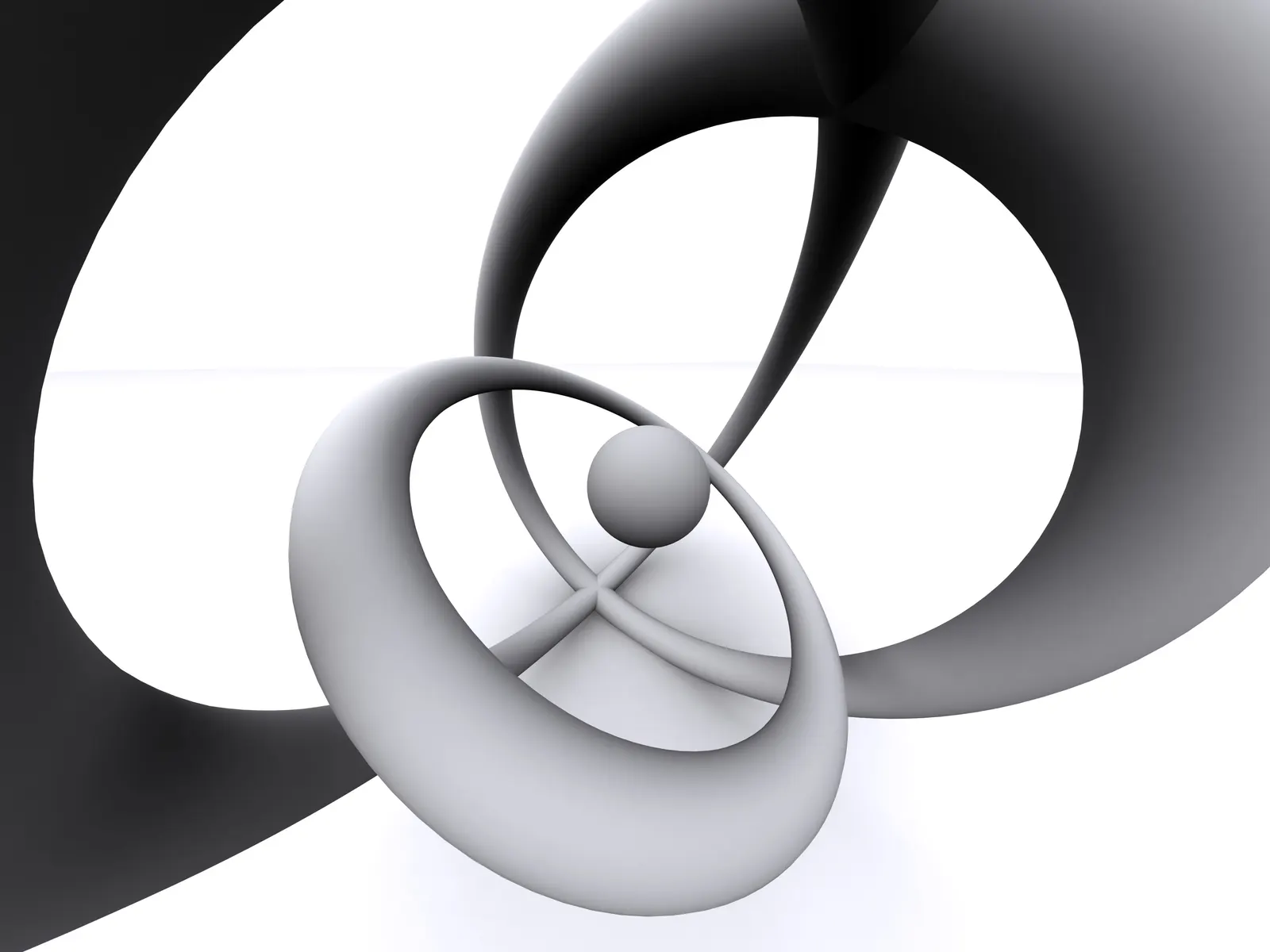 Abstract black and white 3D curves and rings surrounding a small sphere