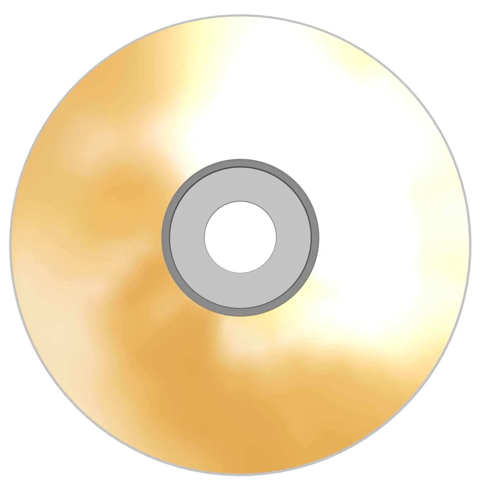 Top view of a blank gold CD-ROM disc with a grey centre hub on white