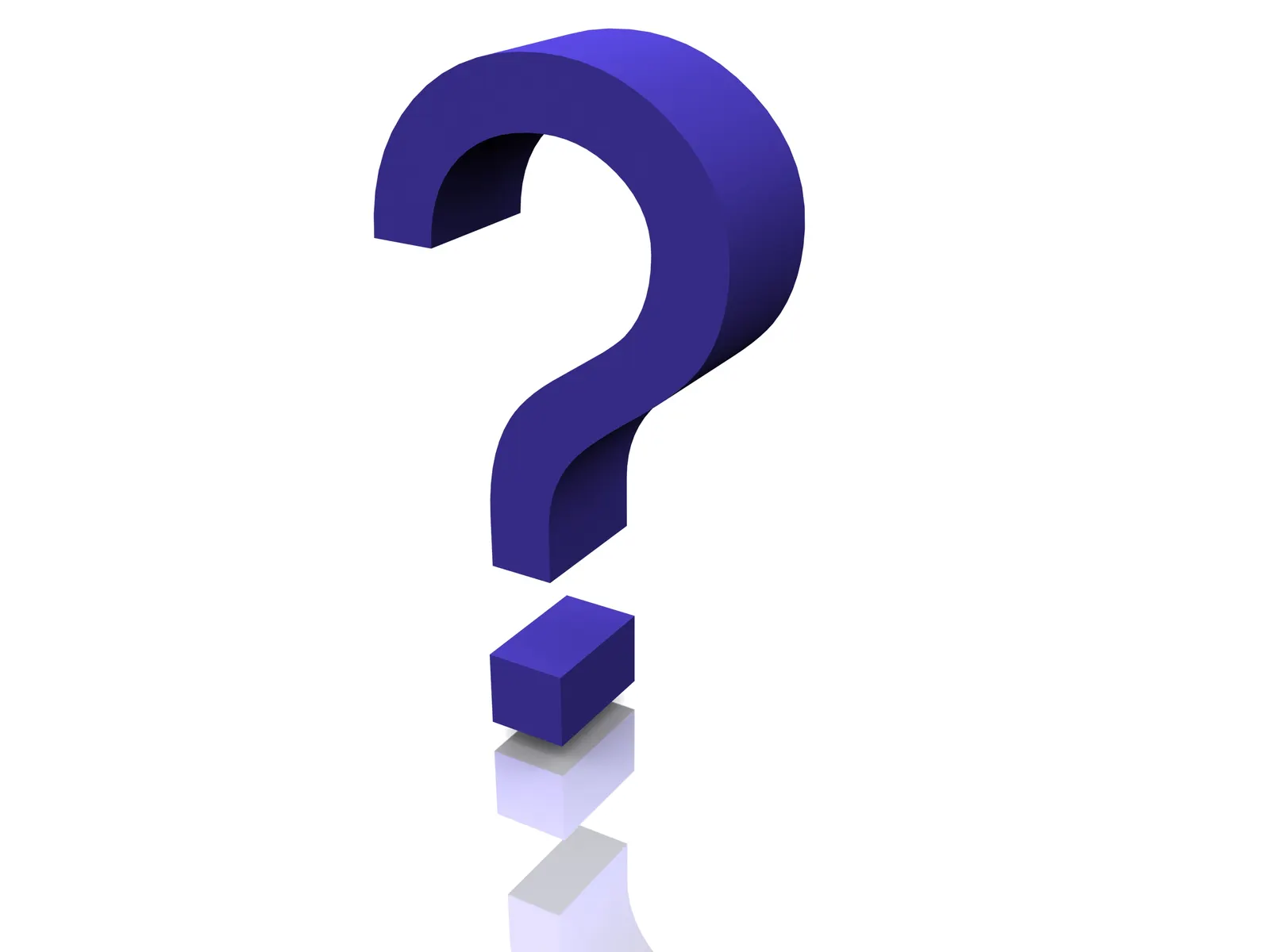 Blue 3D question mark with a soft reflection on a white background