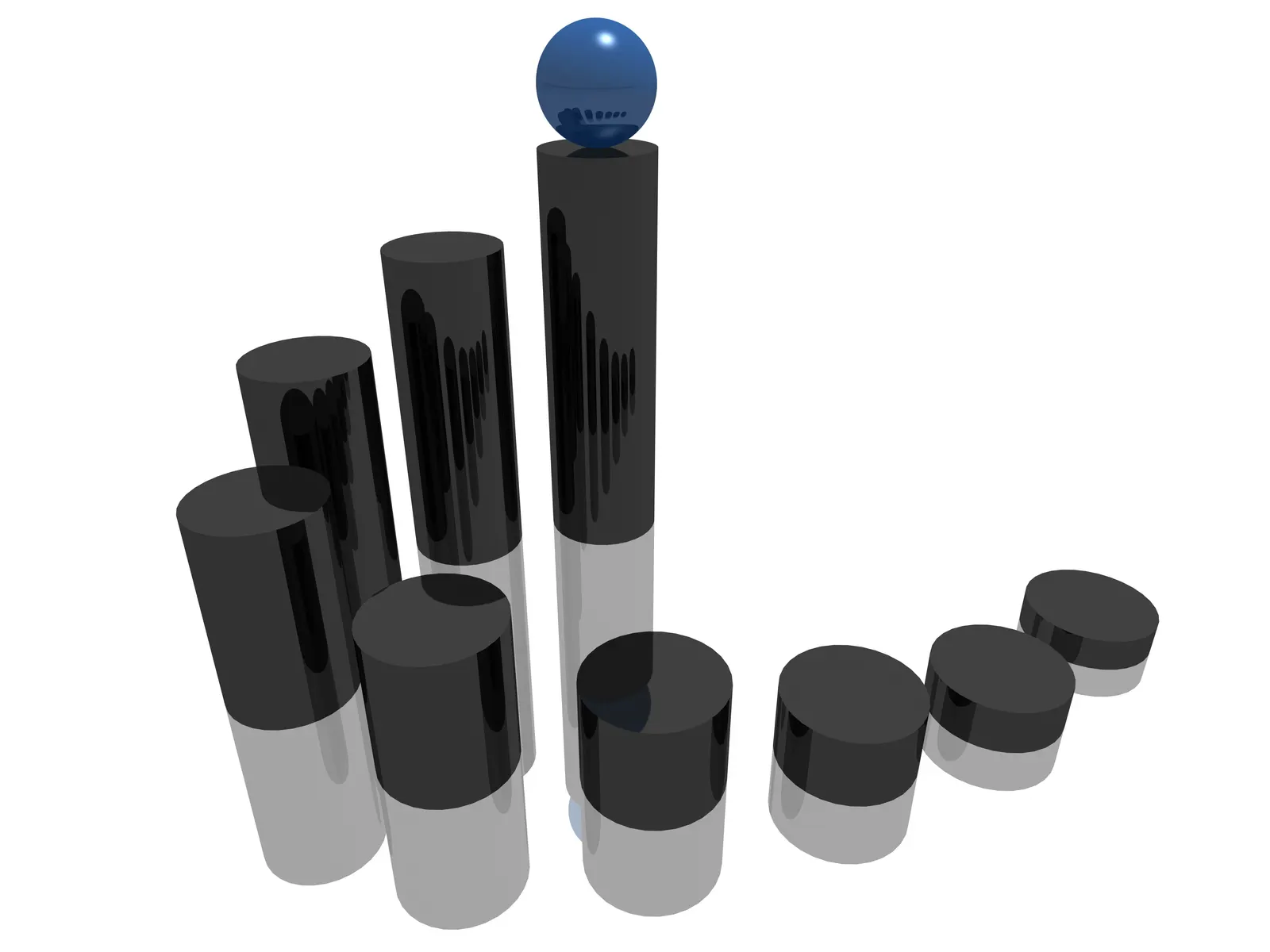 3D bar chart of black cylinders with a blue sphere on the tallest one on white