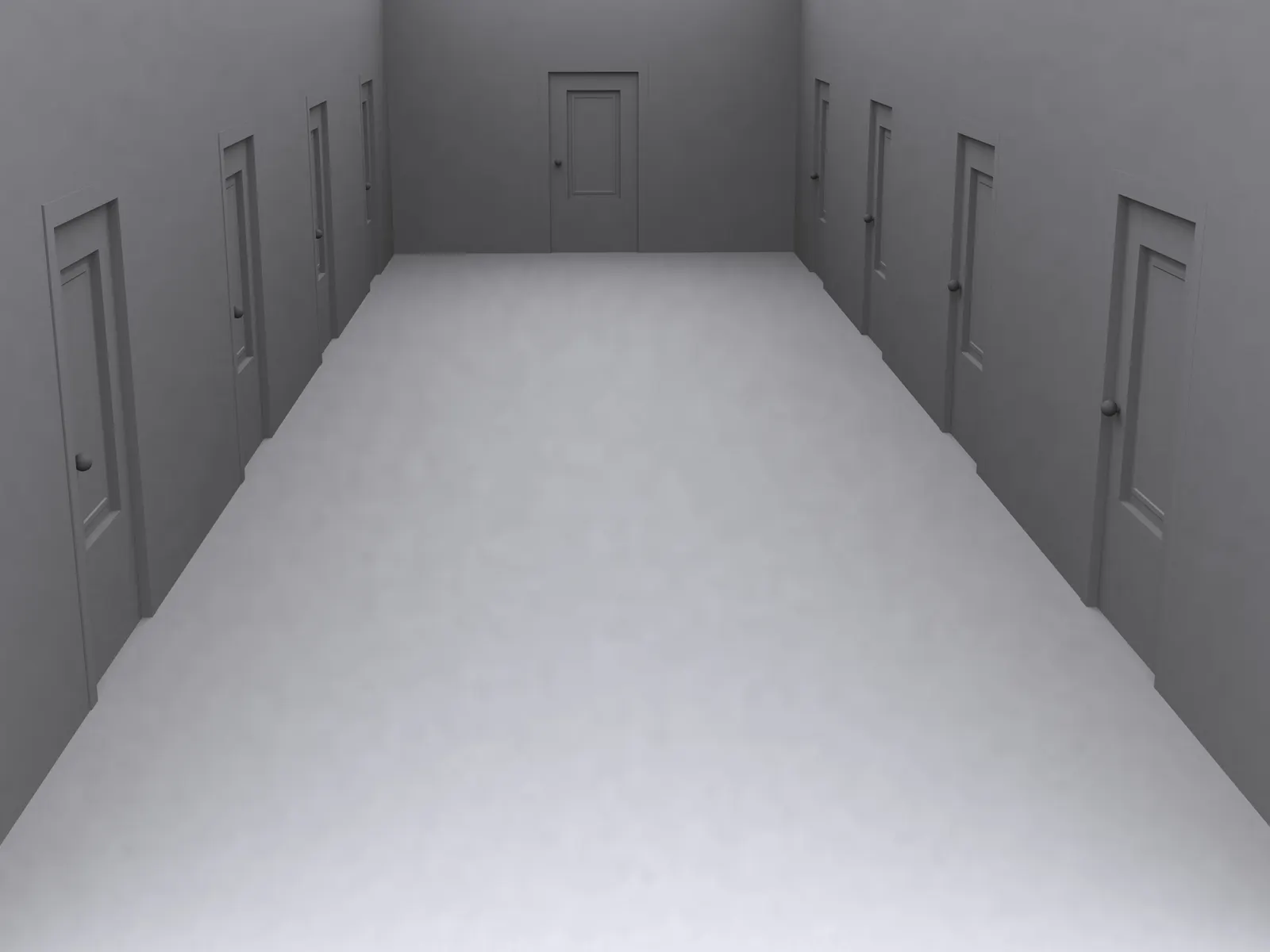 Long empty grey 3D corridor with doors along both walls and one at the end