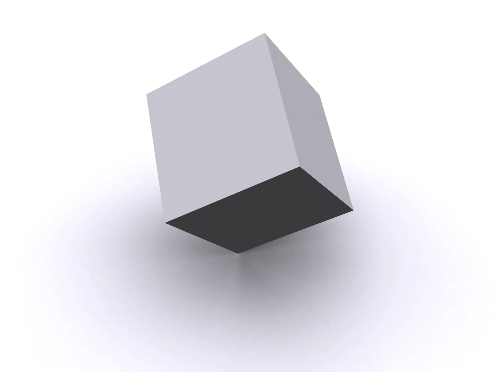 Grey 3D cube tilted in mid-air above a soft shadow on a white background