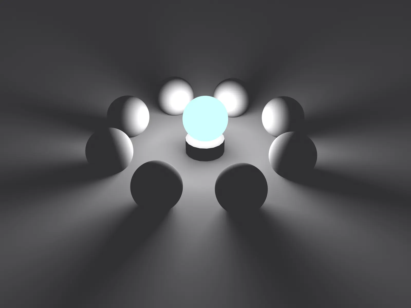 Glowing cyan sphere on a pedestal surrounded by a ring of white and black spheres