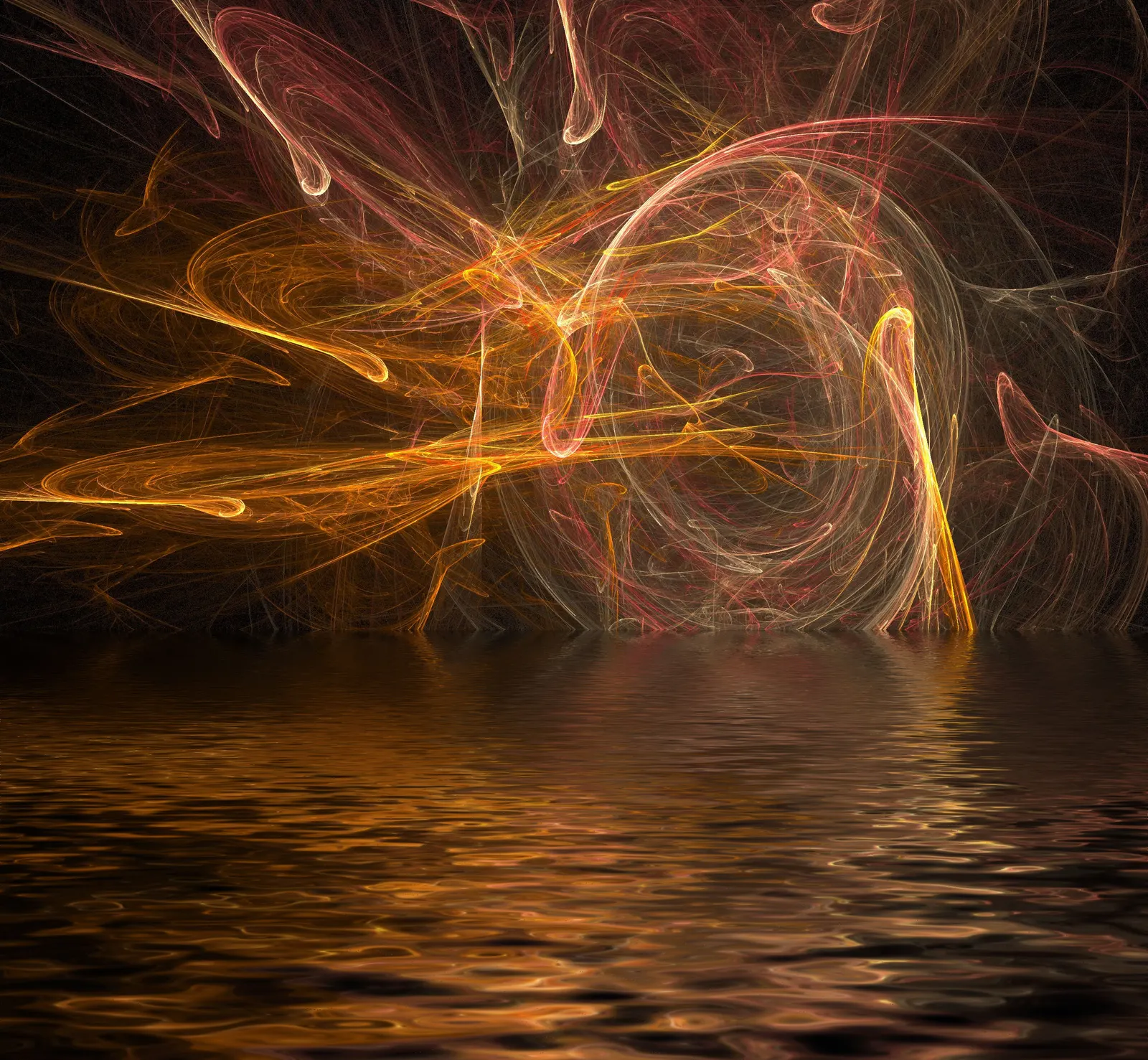 Orange and gold fractal swirls glowing above a dark rippling water surface