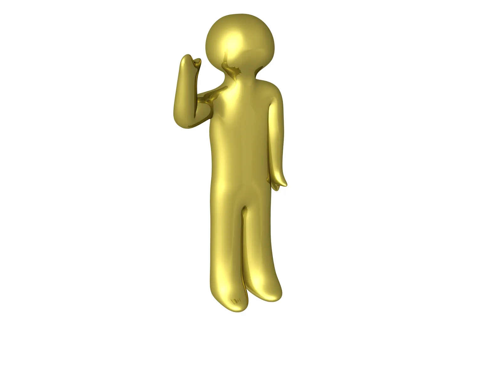 Shiny gold 3D human figure with one hand raised to its head on a white background