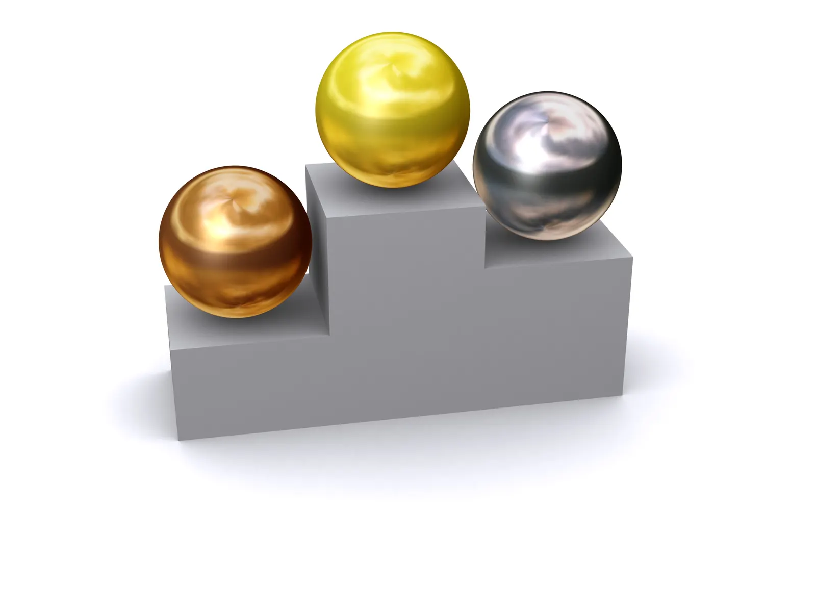 Gold, silver and bronze metallic balls on a three-step grey podium on a white background
