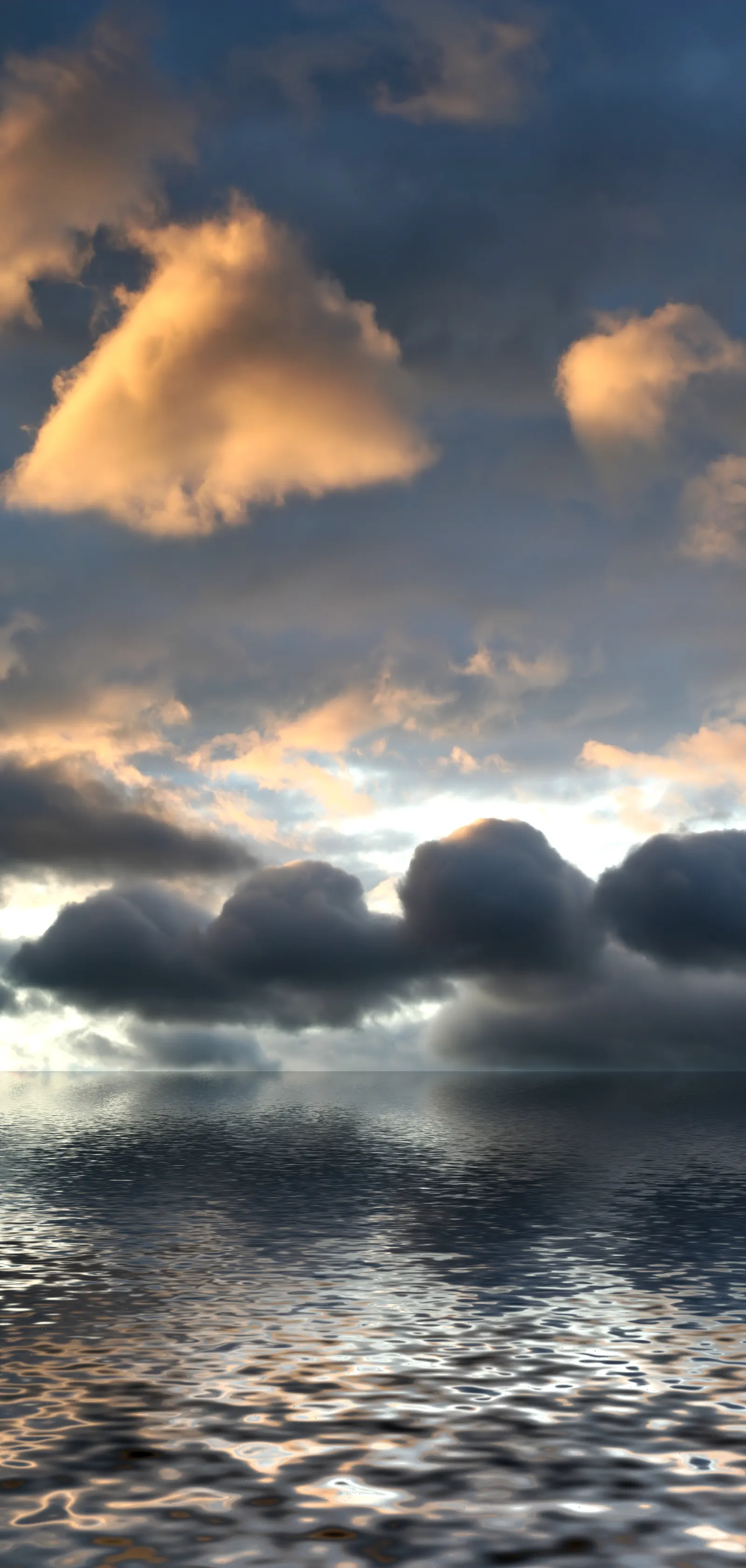 Golden and dark grey clouds over the horizon reflected in rippled water