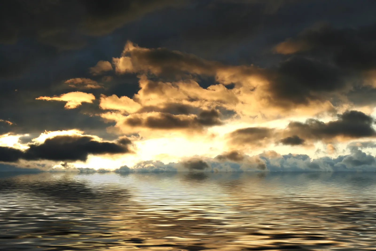 Golden sunset light breaking through dark clouds over rippling ocean water