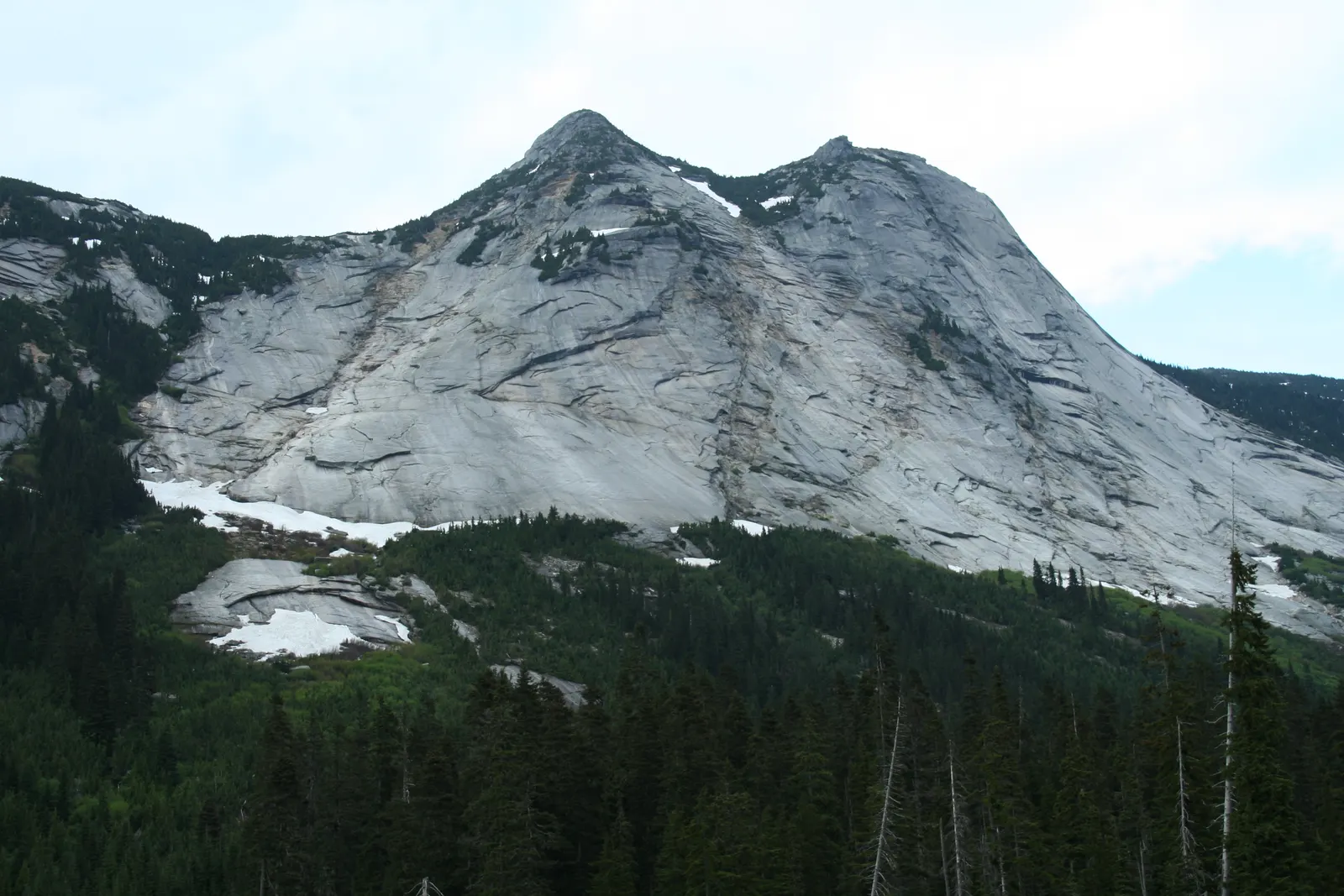 Grey granite mountain with snow patches rising above a dense evergreen forest