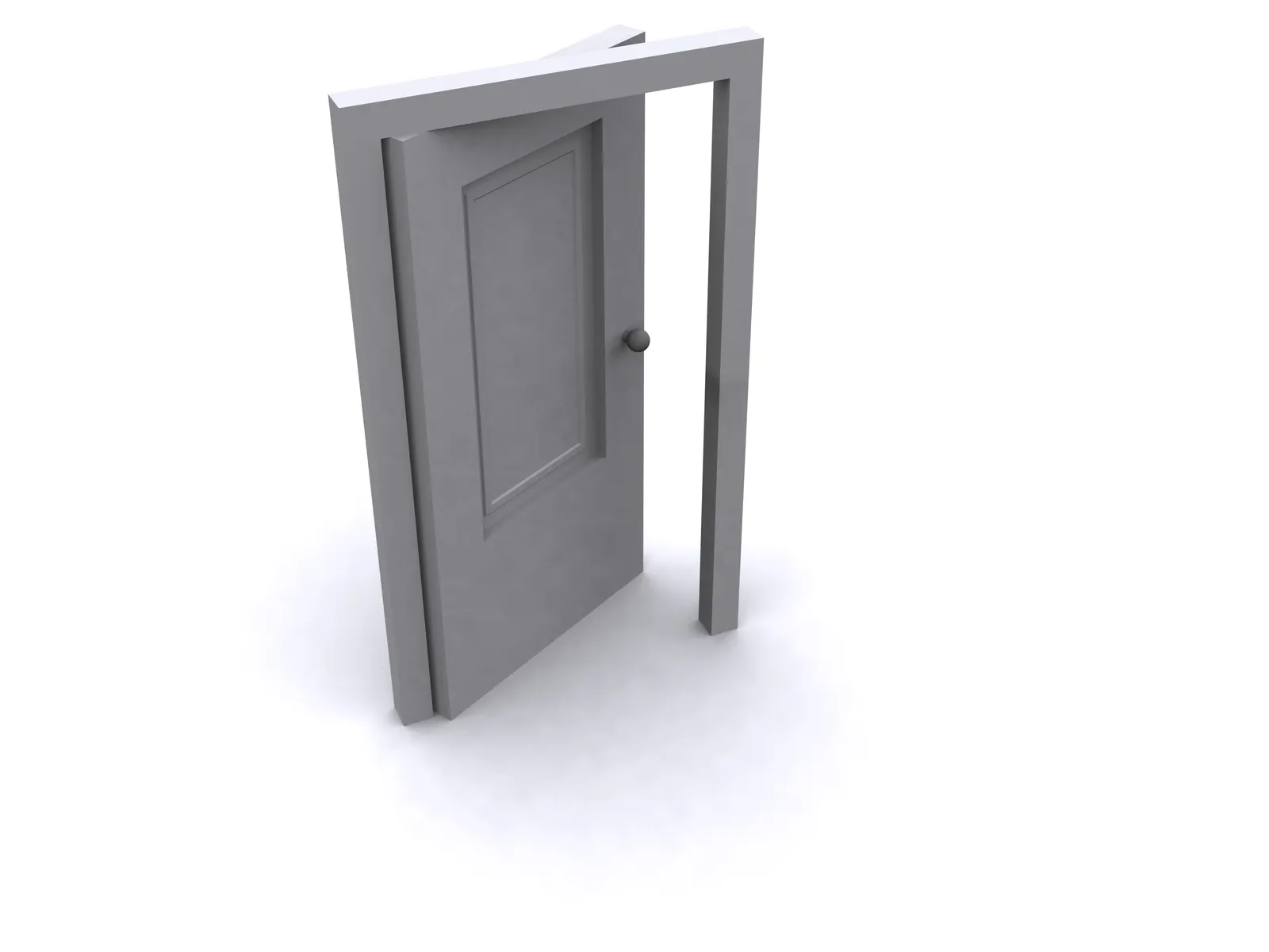 Grey 3D panelled door slightly open in its frame on white