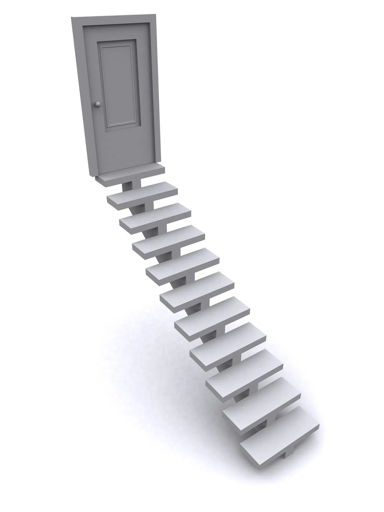 Grey 3D staircase of floating steps leading up to a closed door on white