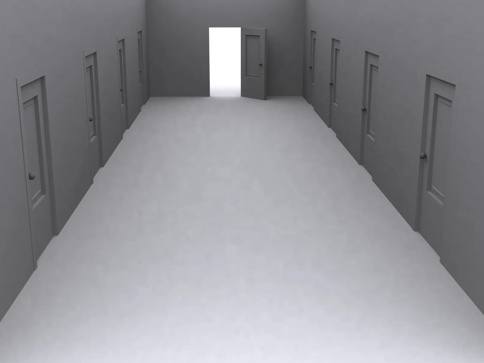 Grey 3D hallway lined with closed doors and one open door at the end glowing white