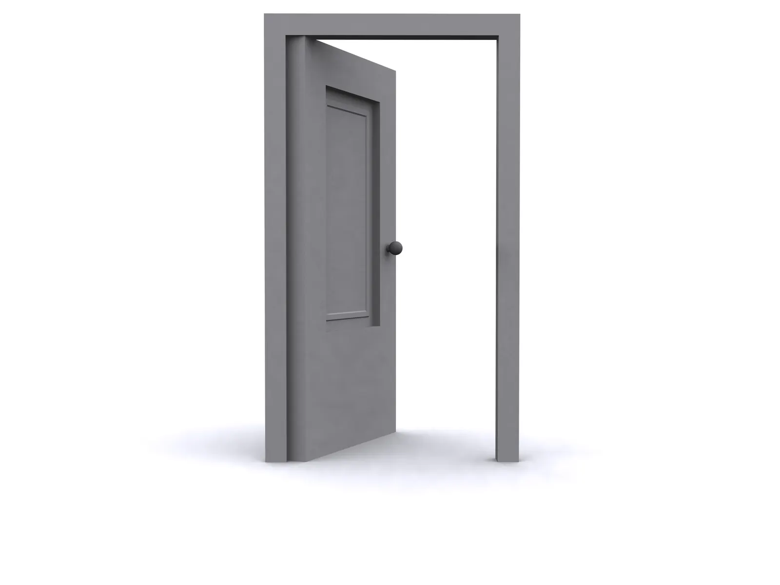 Open grey 3D door in a frame revealing white space beyond