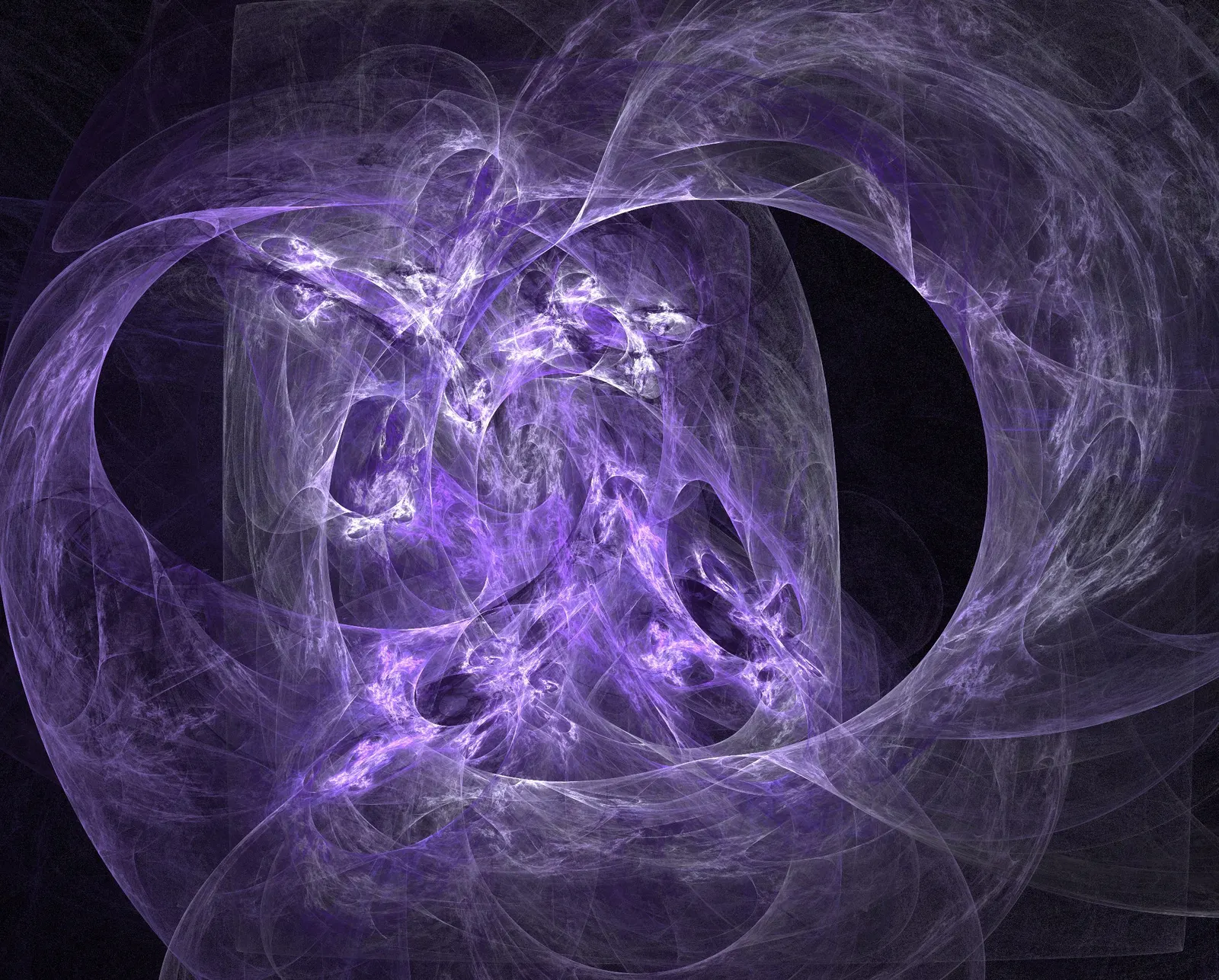 Abstract purple fractal with overlapping translucent swirling ribbons on a dark background