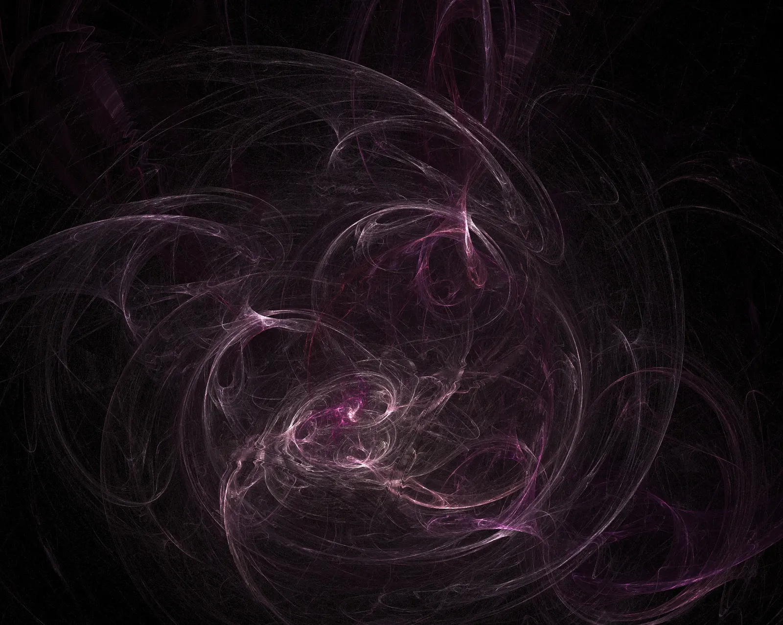 Translucent purple and pink fractal ribbons swirling across a black background