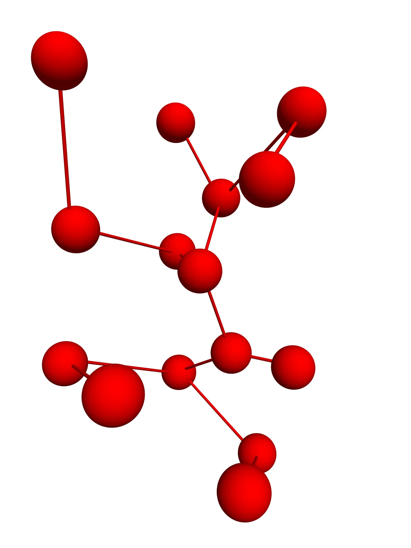 Red 3D spheres of different sizes linked by thin lines on a white background