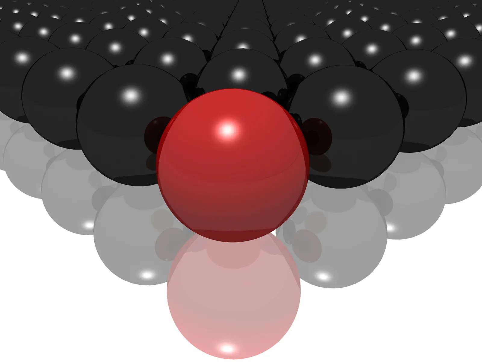 Single red sphere in front of rows of glossy black spheres in a 3D render