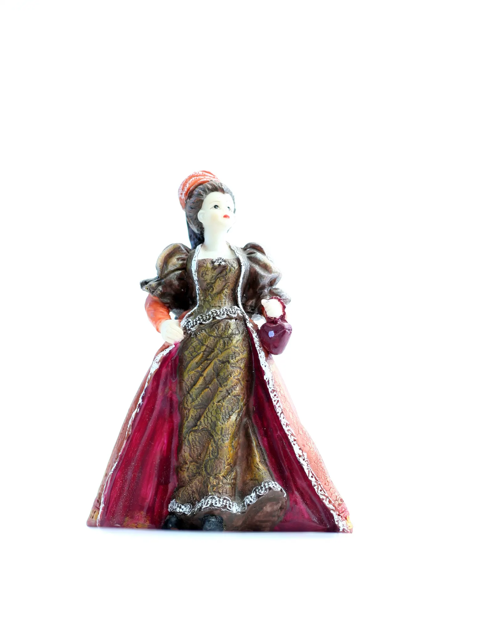Painted figurine of a Renaissance lady in a crimson and gold gown on white
