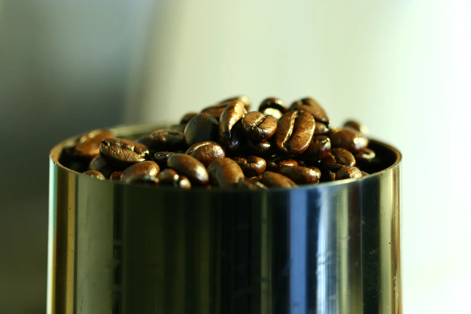 Dark roasted coffee beans piled in a polished stainless steel container