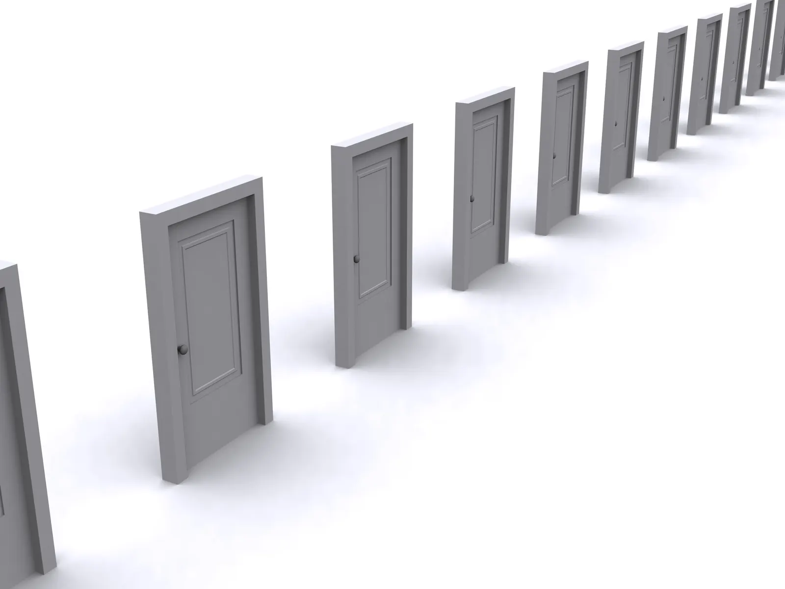Row of identical grey 3D doors in a curved line receding into the distance on white