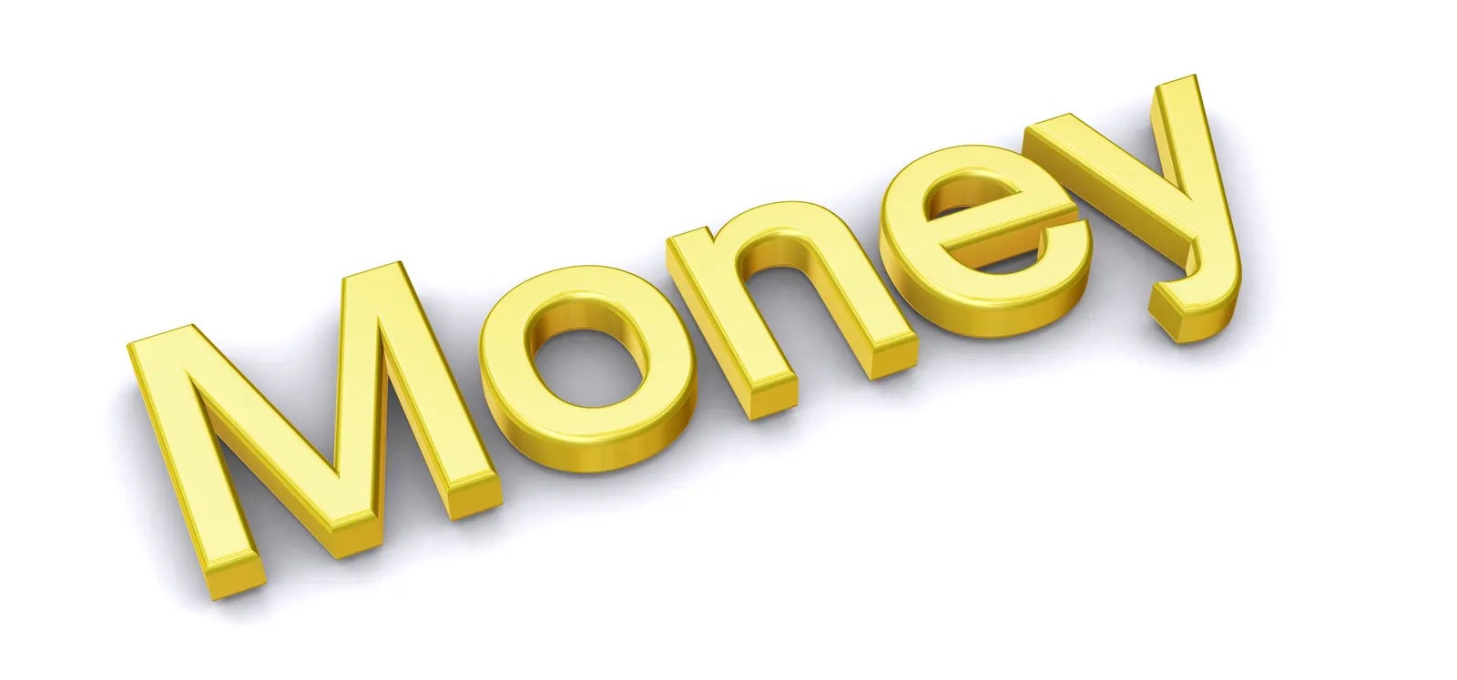 The word Money in shiny gold 3D letters on a white background