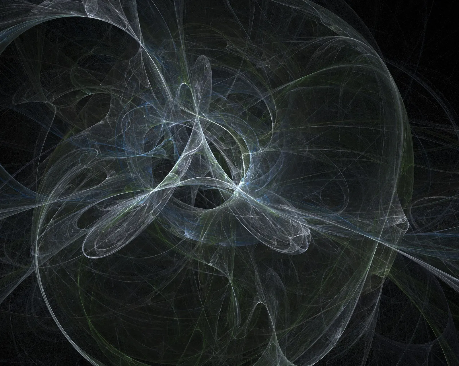 Delicate silver and blue fractal curves forming a web pattern on a dark background