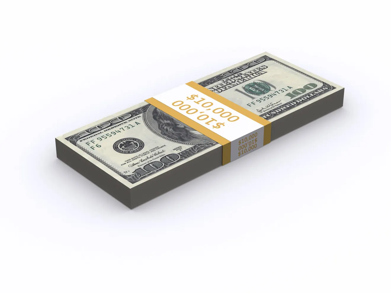 3D rendered stack of hundred dollar bills with a $10,000 band on a white background