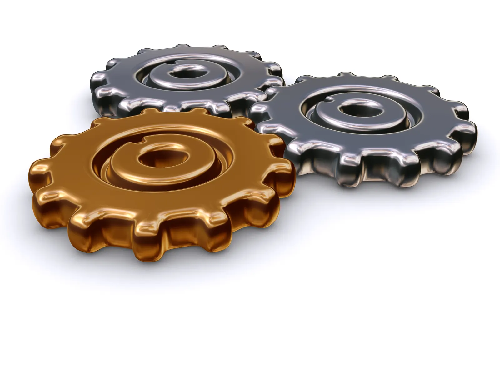 Three interlocking 3D gears, one bronze and two steel, on a white background