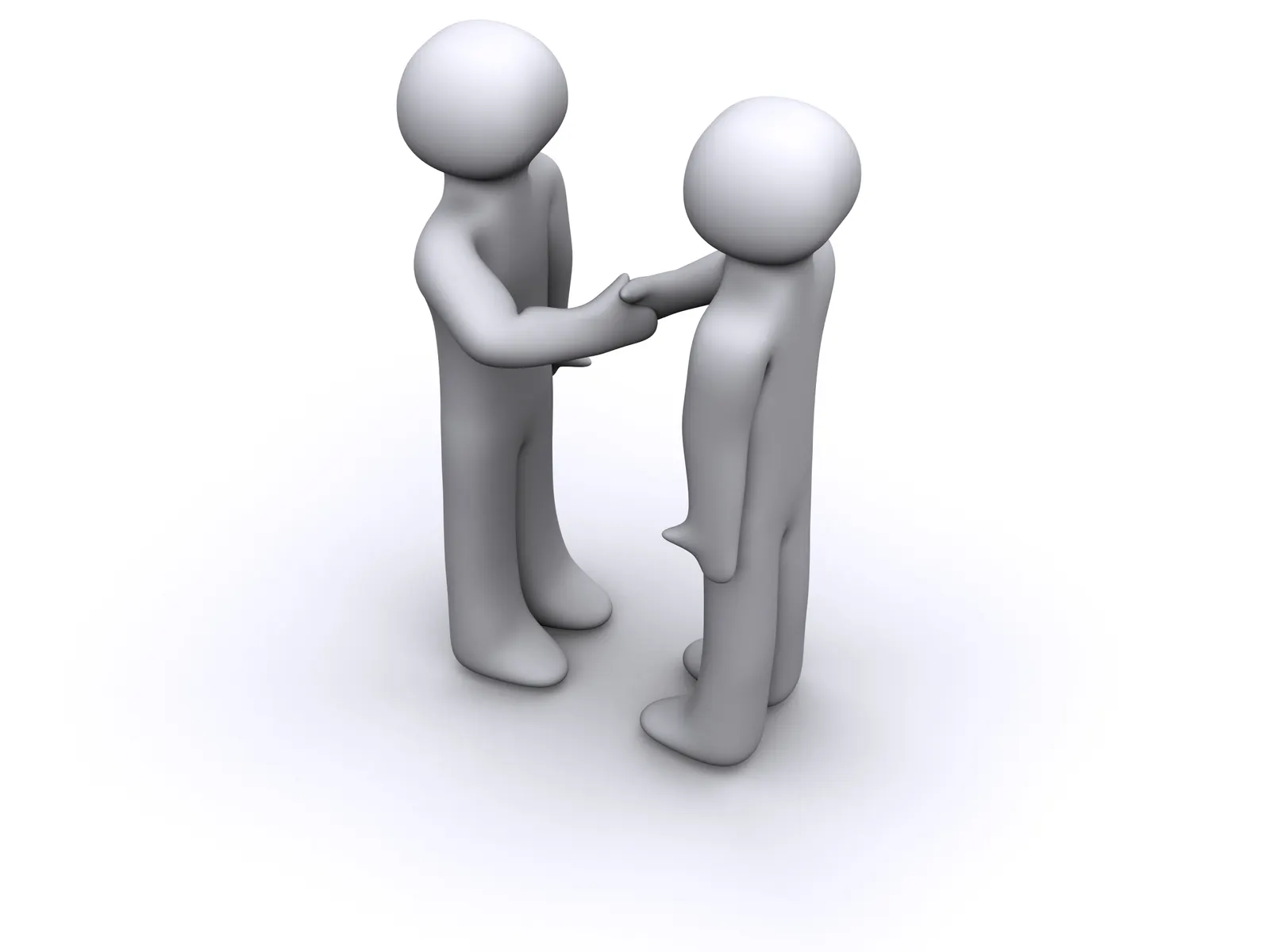 Two grey faceless 3D figures shaking hands on a white background