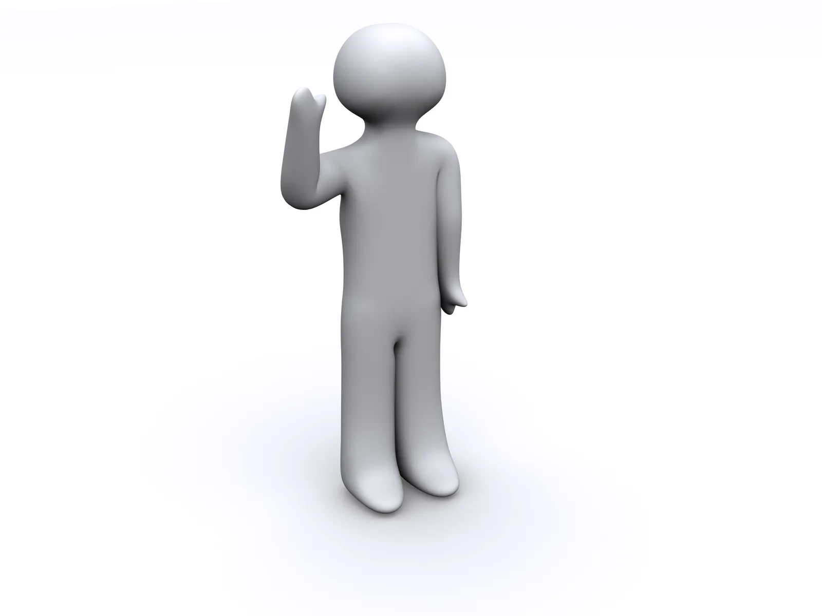 Grey faceless 3D figure waving one hand on a white background