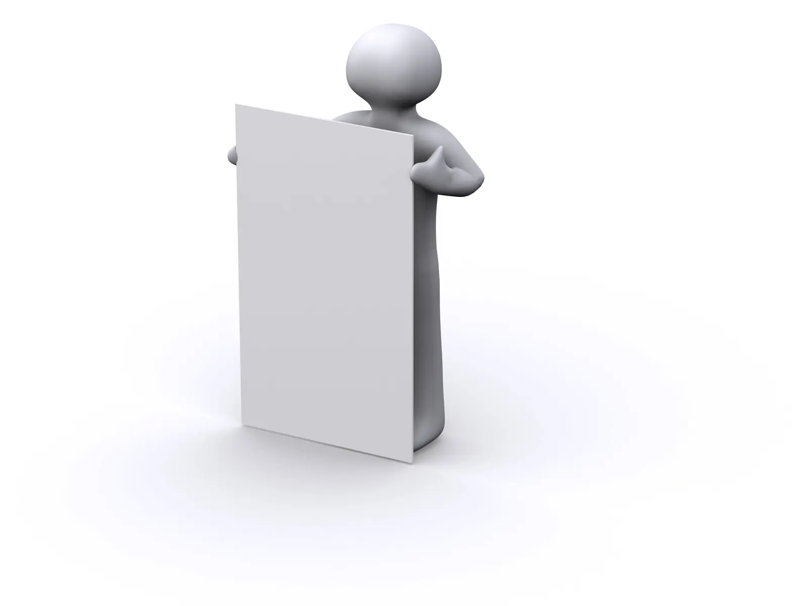 White 3D figure standing behind a blank white sign board on a white background