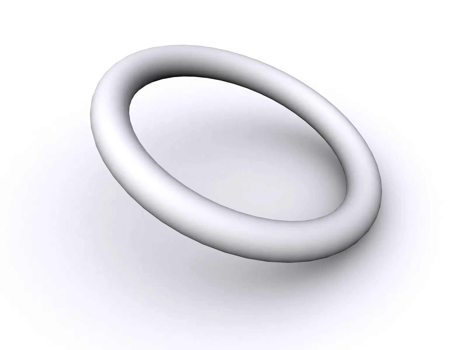 Smooth white 3D torus ring tilted above a soft shadow on a white background
