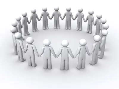 Circle of white 3D human figures holding hands on a white background