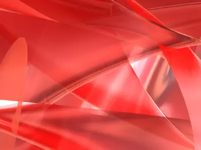 Abstract red translucent curved ribbons with glossy highlights