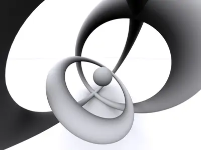 Abstract black and white 3D curves and rings surrounding a small sphere