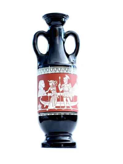 Black two-handled vase with a red band showing white ancient figures, on white background