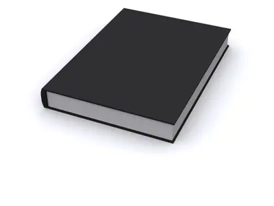 Closed 3D rendered black hardcover book with blank cover on a white background