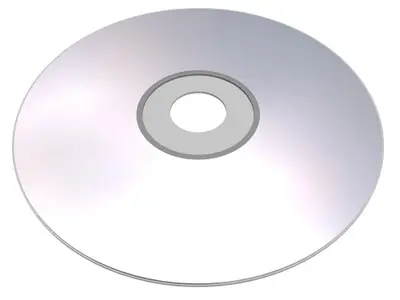 Blank silver compact disc at an angle on a white background