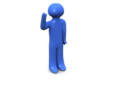Glossy blue 3D human figure with one hand raised on a white background