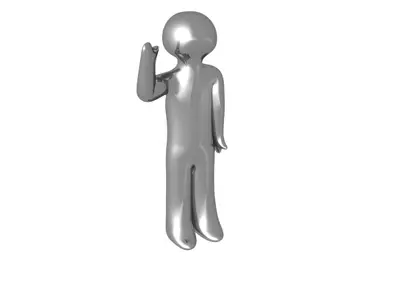 Shiny chrome 3D mannequin figure with one arm raised on a white background