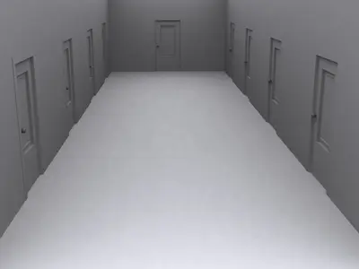 Long empty grey 3D corridor with doors along both walls and one at the end