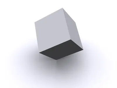 Grey 3D cube tilted in mid-air above a soft shadow on a white background