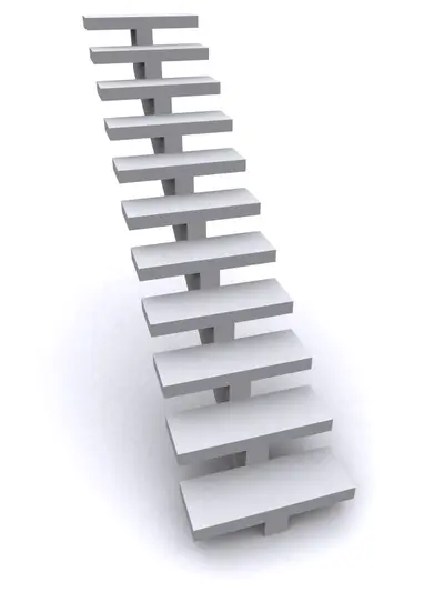 3D rendered grey staircase of floating steps rising upward on a white background