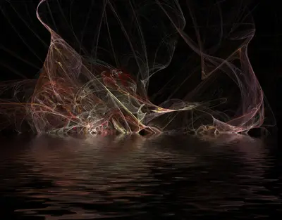 Abstract fractal threads in copper and cream above rippled black water reflecting them