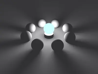 Glowing cyan sphere on a pedestal surrounded by a ring of white and black spheres
