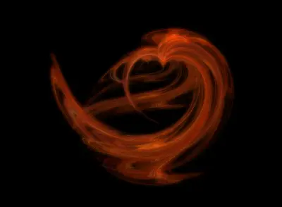 Orange-red glowing fractal ribbons forming a heart shape on a black background