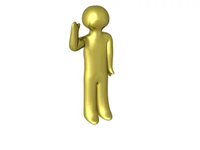 Shiny gold 3D human figure with one hand raised to its head on a white background
