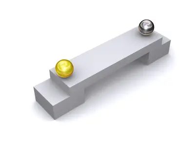 Gold sphere and silver sphere on opposite ends of a grey stepped 3D bridge