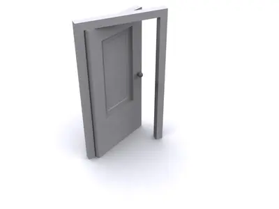 Grey 3D panelled door slightly open in its frame on white